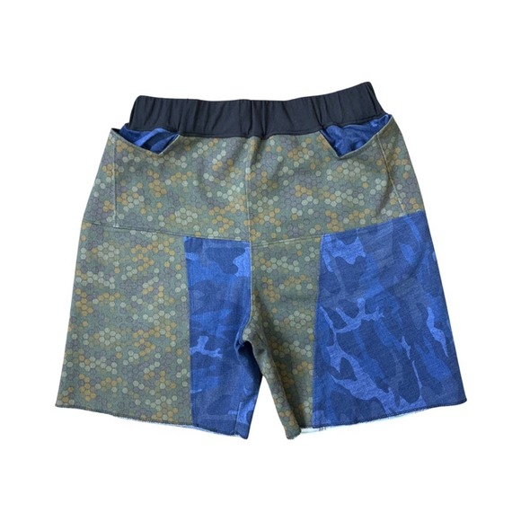 1 of 1 Custom Denim Shorts, Honeycomb print, Blue Camo shorts elastic waistband - Picture 1 of 7